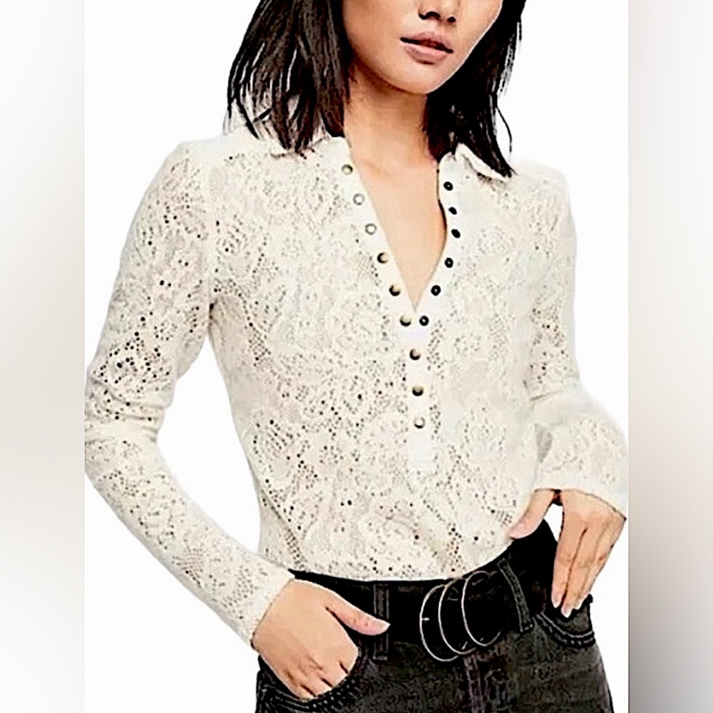 NWT Free People Cozy Cadet Henley Military Style Long Sleeve Lace
Top Ivory XS